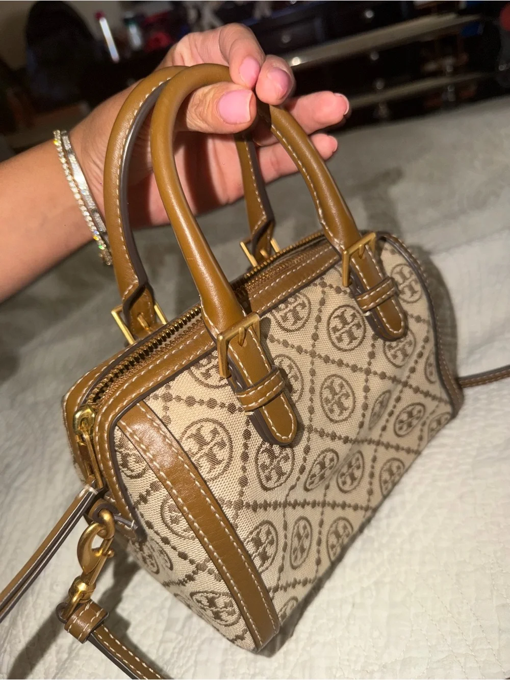 Tory Burch Beige and Brown Logo Canvas Mini Satchel